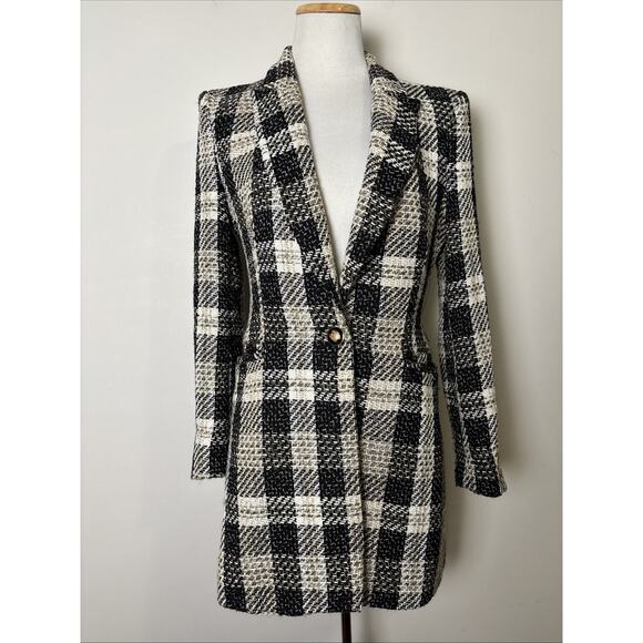 Zara Textured Plaid Long Blazer Size Small Preppy 90s Old Money Career Corp Core - Picture 1 of 12